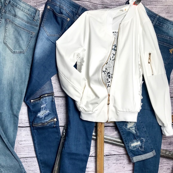 Jackets & Blazers - White Flower Open Lace Back Bomber
